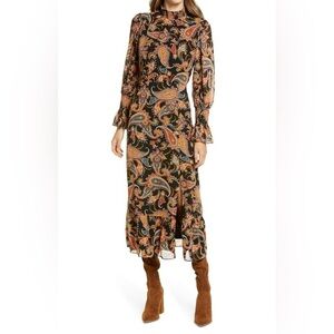 JULIA JORDAN Paisley Long Sleeve Midi Dress - Black‎ Multi boho sheer SIZE 2